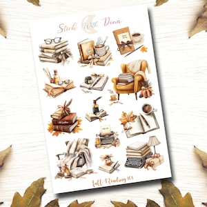 May include: A set of 12 fall-themed stickers featuring illustrations of books, coffee, a cozy armchair, and a typewriter. The stickers are perfect for adding a touch of autumn charm to your planner, journal, or scrapbook. The text on the stickers reads "Stick with Dina" and "Fall Reading 101".