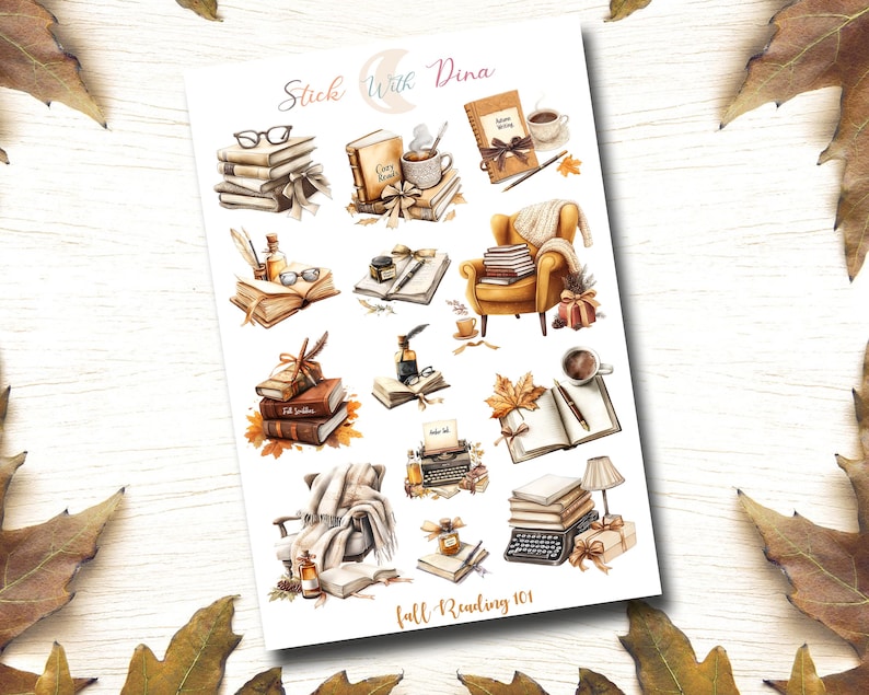 May include: A set of 12 fall-themed stickers featuring illustrations of books, coffee, a cozy armchair, and a typewriter. The stickers are perfect for adding a touch of autumn charm to your planner, journal, or scrapbook. The text on the stickers reads "Stick with Dina" and "Fall Reading 101".