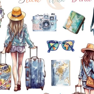 May include: Two watercolor illustrations of women wearing denim jackets and hats, each pulling a suitcase with a map design. One suitcase has a map of the world, the other has a map of a continent. There are other travel-themed illustrations around the women, including a camera, sunglasses, a passport, and a watch.