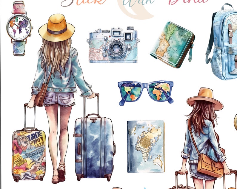 May include: Two watercolor illustrations of women wearing denim jackets and hats, each pulling a suitcase with a map design. One suitcase has a map of the world, the other has a map of a continent. There are other travel-themed illustrations around the women, including a camera, sunglasses, a passport, and a watch.