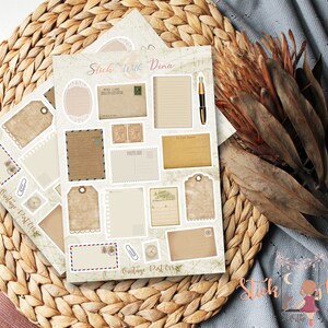 May include: A sheet of vintage-style printable stickers with a variety of designs, including envelopes, tags, and postcards. The stickers are printed on white paper with a light brown background and feature a vintage aesthetic. The text "Stick with Dina" and "Vintage Post Office" is printed on the sheet.