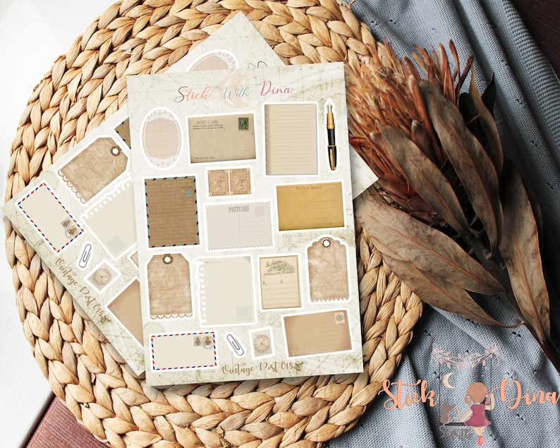 May include: A sheet of vintage-style printable stickers with a variety of designs, including envelopes, tags, and postcards. The stickers are printed on white paper with a light brown background and feature a vintage aesthetic. The text "Stick with Dina" and "Vintage Post Office" is printed on the sheet.