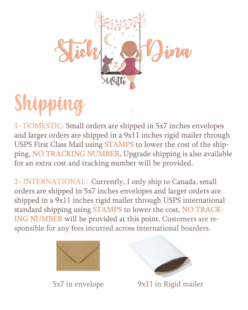 May include: Shipping information for small and large orders. Small orders are shipped in a 5x7 inch envelope, and larger orders are shipped in a 9x11 inch rigid mailer.  The text states that shipping is done through USPS First Class Mail using stamps to lower the cost.  Upgrade shipping is also available for an extra cost and tracking number.