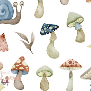 May include: Watercolor illustration of mushrooms and a snail. The mushrooms are in various colors, including red, brown, green, and blue. The snail is brown with a blue shell.