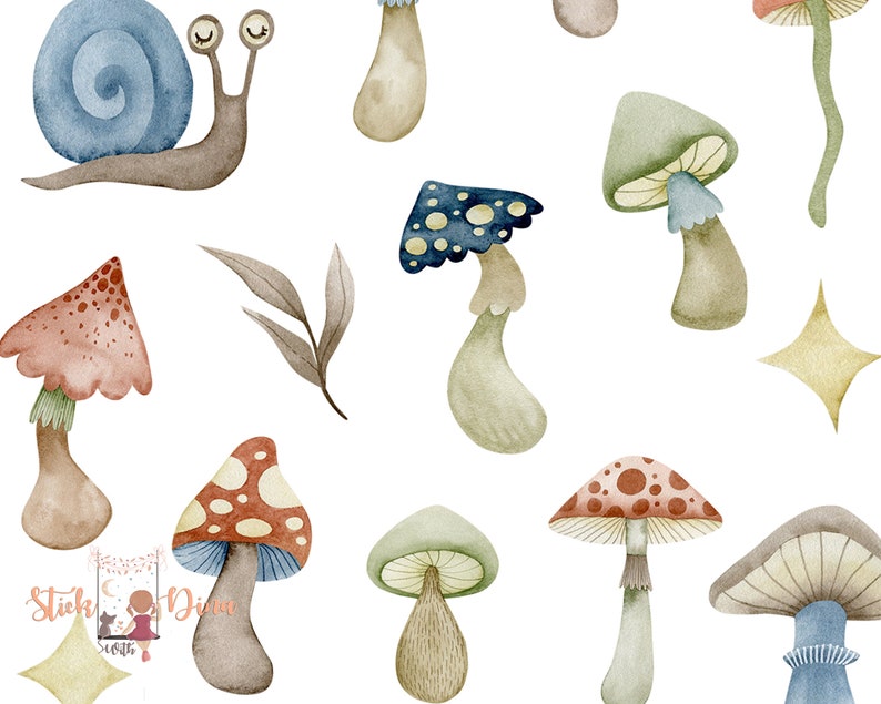 May include: Watercolor illustration of mushrooms and a snail. The mushrooms are in various colors, including red, brown, green, and blue. The snail is brown with a blue shell.