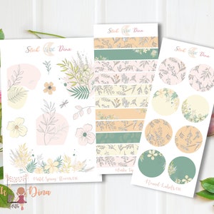 May include: Three sheets of printable stickers featuring floral designs. The first sheet has pastel spring flowers, the second sheet has a floral pattern with a "Washi Tay" label, and the third sheet has round labels with a "Round Labels 016" label.