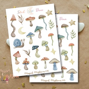 May include: A sheet of stickers featuring watercolor illustrations of mushrooms in various colors and styles. The stickers are labeled "Magical Mushroom 045" and include a snail, stars, and crescent moons.