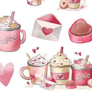 Pu&ograve; includere: Uno schema senza cuciture con illustrazioni a tema San Valentino in rosa e bianco. Lo schema include tazze di cioccolata calda con panna montata e cuori, cupcake con glassa al cioccolato e buste con cuori. Lo sfondo &egrave; bianco.