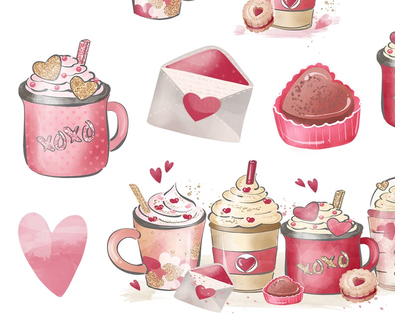 Pu&ograve; includere: Uno schema senza cuciture con illustrazioni a tema San Valentino in rosa e bianco. Lo schema include tazze di cioccolata calda con panna montata e cuori, cupcake con glassa al cioccolato e buste con cuori. Lo sfondo &egrave; bianco.