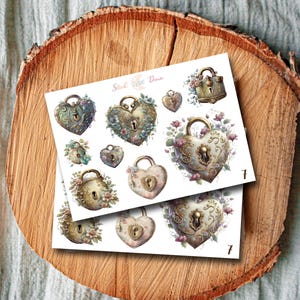 May include: Two sheets of stickers featuring heart-shaped and rectangular lock designs with floral accents. The locks have a vintage, antique appearance with gold and pastel color schemes. The text "Stick With Dina" is visible.