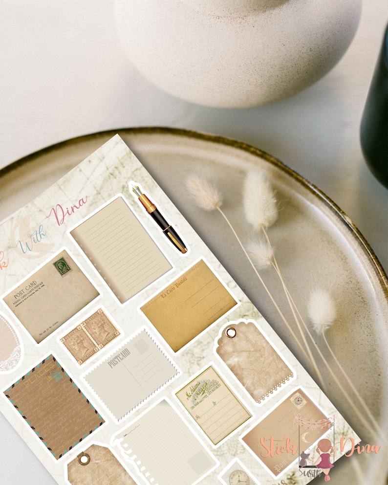 May include: A set of vintage-style printable stickers featuring various designs, including postcards, envelopes, tags, and a pen. The stickers are on a white background with a light brown map pattern.