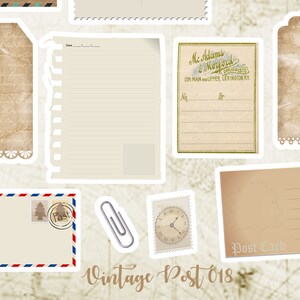 May include: Vintage style printable paper ephemera set with a variety of designs, including a tag, a letter, a postcard, a note card, and a stamp. The set is perfect for scrapbooking, journaling, and other paper crafts.