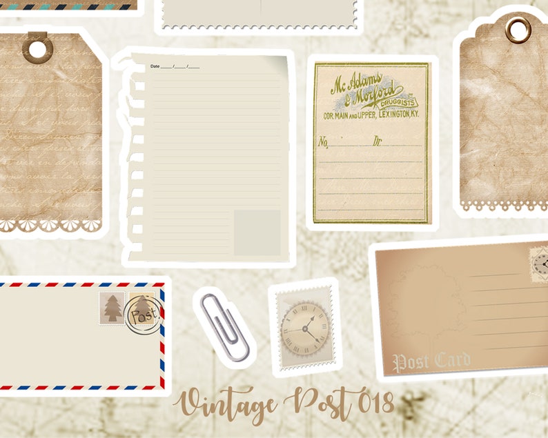 May include: Vintage style printable paper ephemera set with a variety of designs, including a tag, a letter, a postcard, a note card, and a stamp. The set is perfect for scrapbooking, journaling, and other paper crafts.