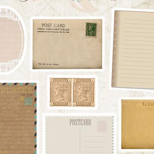 May include: A collection of vintage postcard and letter writing templates. The templates feature a variety of designs, including a lace border, a stamp with a portrait of a woman, and a simple lined page. The text "POST CARD", "PLACES", "N2.1218", "POSTAGE", "ONE PENNY", and "La Carte Postale" is visible on the templates.