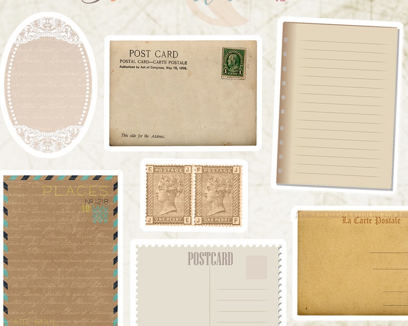 May include: A collection of vintage postcard and letter writing templates. The templates feature a variety of designs, including a lace border, a stamp with a portrait of a woman, and a simple lined page. The text "POST CARD", "PLACES", "N2.1218", "POSTAGE", "ONE PENNY", and "La Carte Postale" is visible on the templates.
