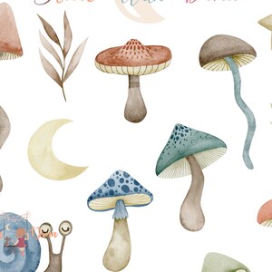 May include: Watercolor illustration of mushrooms, leaves, a crescent moon, and a star. The mushrooms are in various colors, including red, brown, blue, and green. The leaves are green and brown. The crescent moon is yellow. The star is gold.