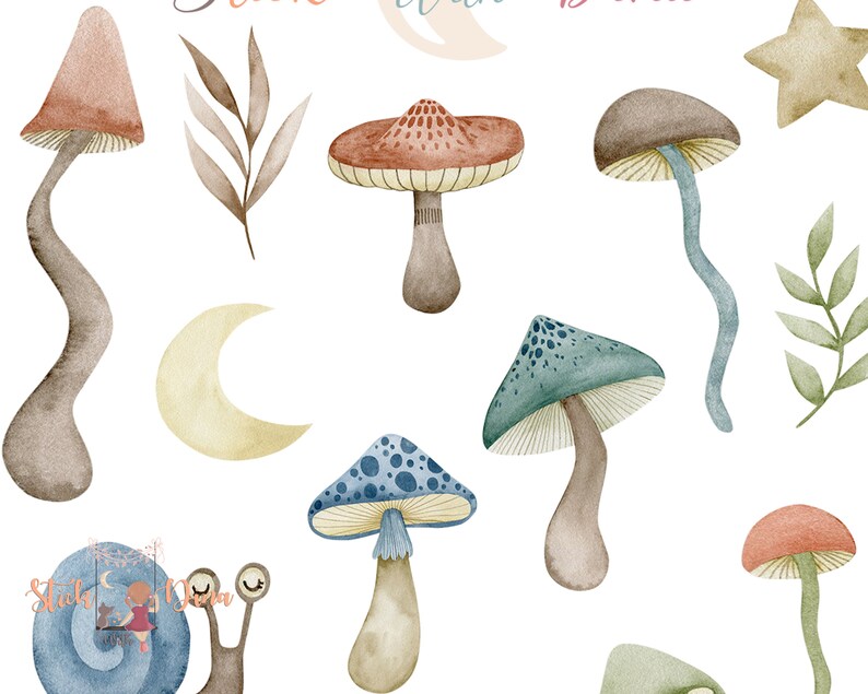 May include: Watercolor illustration of mushrooms, leaves, a crescent moon, and a star. The mushrooms are in various colors, including red, brown, blue, and green. The leaves are green and brown. The crescent moon is yellow. The star is gold.
