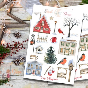 Cozy Cottage Stickers Sheet |  Bujo Stickers, Winter Planner Stickers, Christmas Bullet Journaling Stickers, Cozy houses Sticker Journal 047