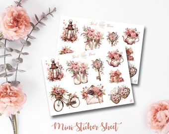 May include: A sheet of mini stickers featuring a vintage aesthetic with floral designs, lanterns, keys, teapots, bicycles, and hearts. The stickers are on a white background and have a pink and brown color scheme. The text "Stick With Dina" is printed on the sheet.