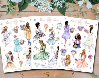 Girls Stickers Sheet | Aesthetic Girl Bujo Stickers | Planner Stickers, Bullet Journaling Fashion Girls Stickers, Junk Journal Sticker