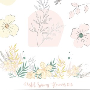 May include: A digital illustration of pastel colored flowers and leaves. The illustration features a light pink background with a gray branch and leaves. The text "Pastel Spring Flowers 016" is at the bottom of the image.