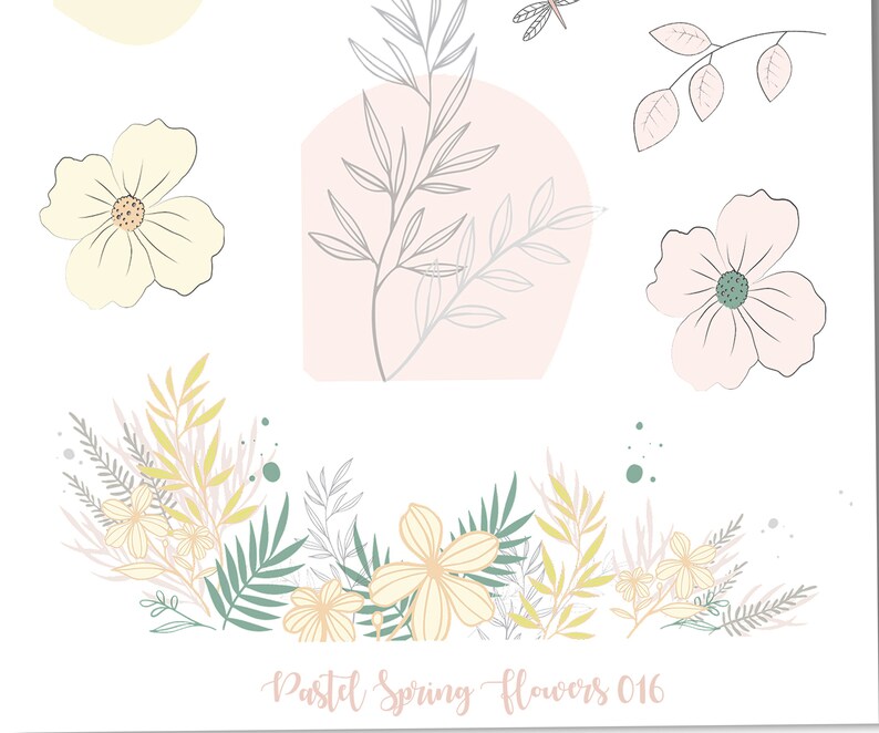 May include: A digital illustration of pastel colored flowers and leaves. The illustration features a light pink background with a gray branch and leaves. The text "Pastel Spring Flowers 016" is at the bottom of the image.