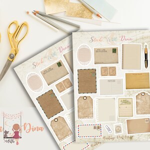 May include: Two sheets of vintage style printable stickers with a light brown background and various shapes and sizes of blank labels, postcards, and envelopes. The text "Stick With Dina" is at the top of the sheets.