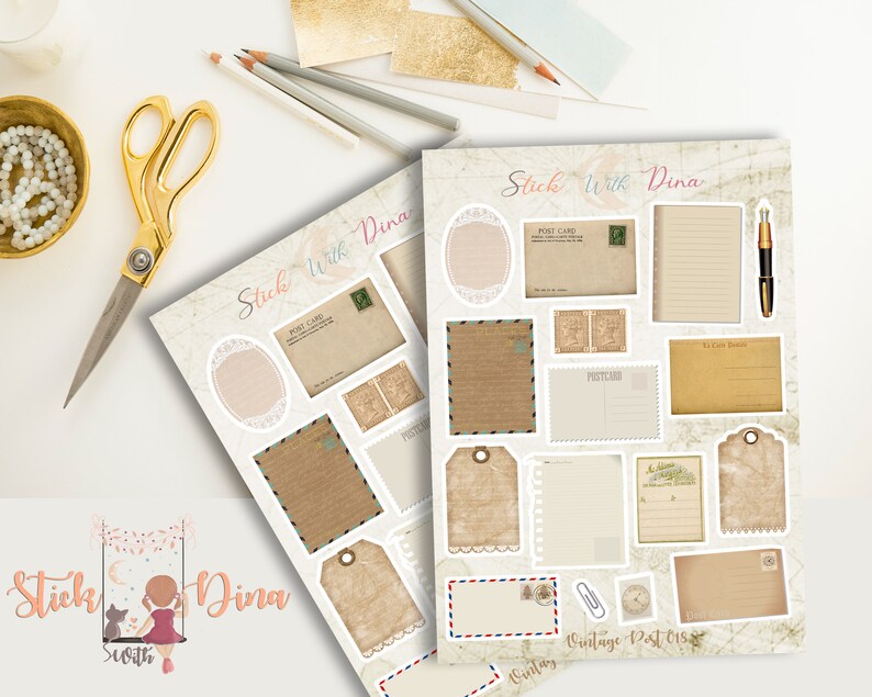 May include: Two sheets of vintage style printable stickers with a light brown background and various shapes and sizes of blank labels, postcards, and envelopes. The text "Stick With Dina" is at the top of the sheets.
