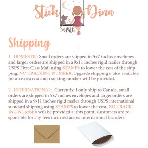 May include: Shipping information for small and large orders. Small orders are shipped in a 5x7 inch envelope, and larger orders are shipped in a 9x11 inch rigid mailer.  The text states that shipping is done through USPS First Class Mail using stamps to lower the cost.  Upgrade shipping is also available for an extra cost and tracking number.