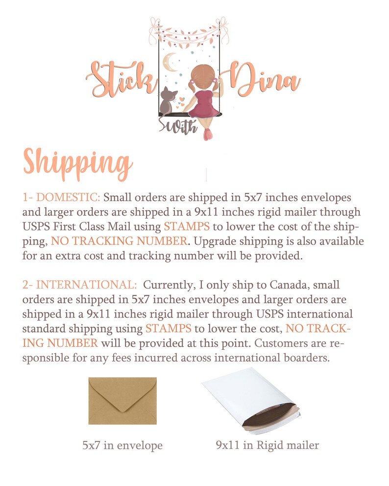 May include: Shipping information for small and large orders. Small orders are shipped in a 5x7 inch envelope, and larger orders are shipped in a 9x11 inch rigid mailer.  The text states that shipping is done through USPS First Class Mail using stamps to lower the cost.  Upgrade shipping is also available for an extra cost and tracking number.