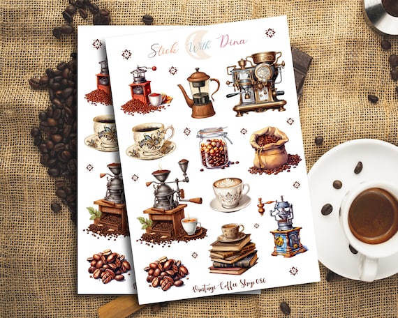 Vintage Coffee Shop Stickers | bullet journaling sticker, aesthetic stickers, coffee beans planner stickers 086