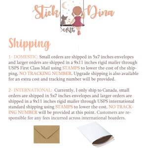 May include: Shipping information for small and large orders. Small orders are shipped in a 5x7 inch envelope, and larger orders are shipped in a 9x11 inch rigid mailer.  The text states that shipping is done through USPS First Class Mail using stamps to lower the cost.  Upgrade shipping is also available for an extra cost and tracking number.