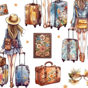 May include: A colorful illustration of a woman with a suitcase and a backpack. She is wearing a blue denim jacket, a floral skirt, and a brown hat. The suitcase is decorated with flowers and has a blue and white design. The backpack is brown leather and has a floral design. The background is white with a few yellow suns.