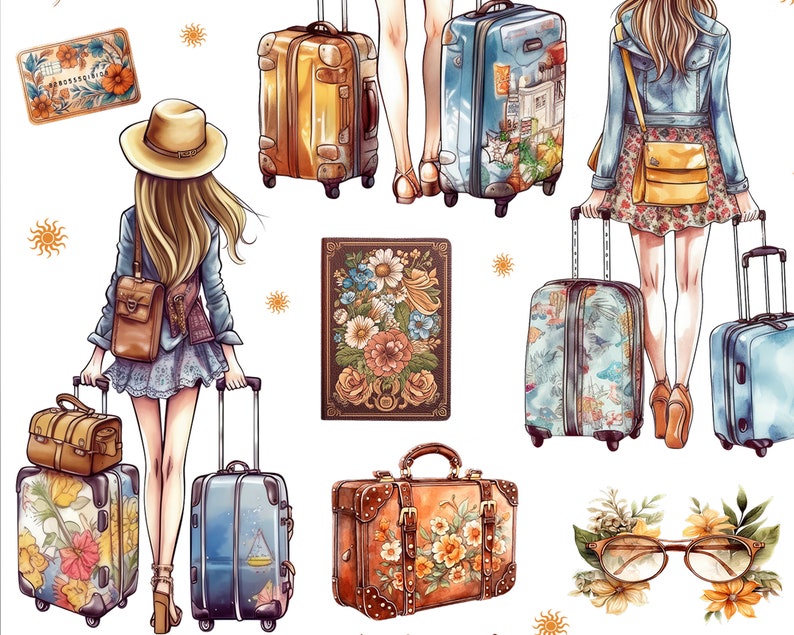 May include: A colorful illustration of a woman with a suitcase and a backpack. She is wearing a blue denim jacket, a floral skirt, and a brown hat. The suitcase is decorated with flowers and has a blue and white design. The backpack is brown leather and has a floral design. The background is white with a few yellow suns.
