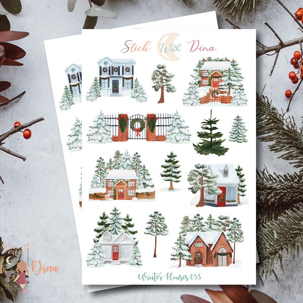Feuille d'autocollants Maisons d'hiver | Stickers Bujo, Stickers d'agenda d'hiver, Stickers de Noël Bullet Journaling, Maisons confortables Sticker Journal 053