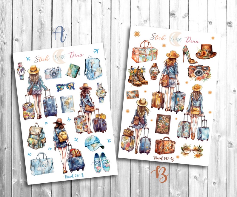 May include: Two sheets of stickers with a travel theme. The stickers feature illustrations of women with suitcases, backpacks, and other travel accessories. The text "Stick With Dina" appears on both sheets.