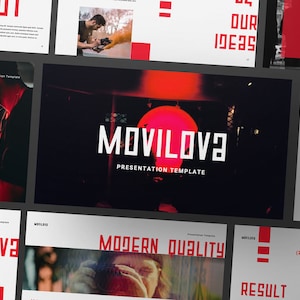 May include: A presentation template with the title "MOVILOVA" in white text on a black background with a red circle in the background. The text "PRESENTATION TEMPLATE" is below the title in white text.
