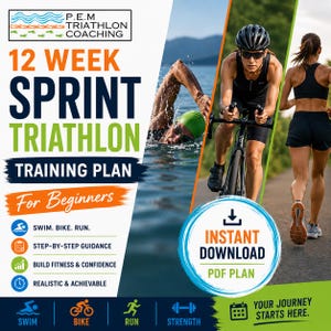 May include: A promotional image for a 12-week sprint triathlon training plan for beginners. The image features athletes swimming, biking, and running, with text that reads "Instant Download PDF Plan".