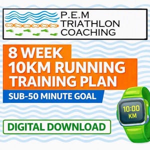 May include: A digital download graphic for an 8 week 10km running training plan with a sub-50 minute goal. The text P.E.M TRIATHLON COACHING appears above icons of waves, a bike chain, and footprints. A bright green digital watch shows 10:00 KM.