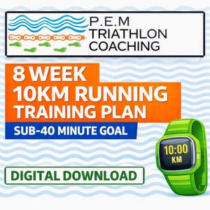 May include: A digital download graphic for an 8 week 10km running training plan with a sub-40 minute goal. The image features the P.E.M Triathlon Coaching logo, a lime green sports watch displaying 10:00 KM, and a wavy blue background pattern.