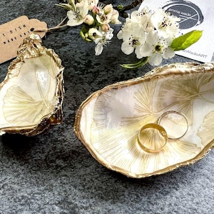 Japans gingkoblad oesterring schelp schaal: goudvergulde schelp trinket tray, kustcadeau, botanisch cadeau