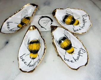 Bee Happy Oyster Shell Trinket Dish | Gold Leaf Shell Ring Tray | Bee Lover Gift | Nature Inspired Coastal Decor, Bee Gift