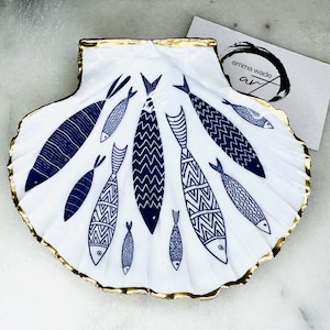 Blue Fish Dorset Scallop Shell Trinket Dish. Ocean decor. Handmade and gilded with liquid gold leaf. Sealed with a gloss crystal resin.