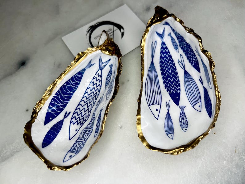 Blue Fish Gift, Trinket Oyster Shell dish gold finish, gold leaf trinket tray, shell oyster dish, personalised oyster shell trinket, decorative oyster shells, Fish Design key bowl, blue and gold dishes, fish ring dish, golden trinket dish, bride shell dish, shell jewellery bowl, decoupaged earrings dish, shell art trinket, art dish, Gold shell trinket holder, painted shell with gold, shell jewellery dish, Emma Wade art, Proposal Ring Tray, Painted Key Bowl, Bride shell Dish