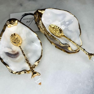 Handmade Gold Leaf Oyster Shell Salt Cellar Set | Pearl Pinch Pots with Spoons | Coastal Table Decor | Luxury Serving Dishes