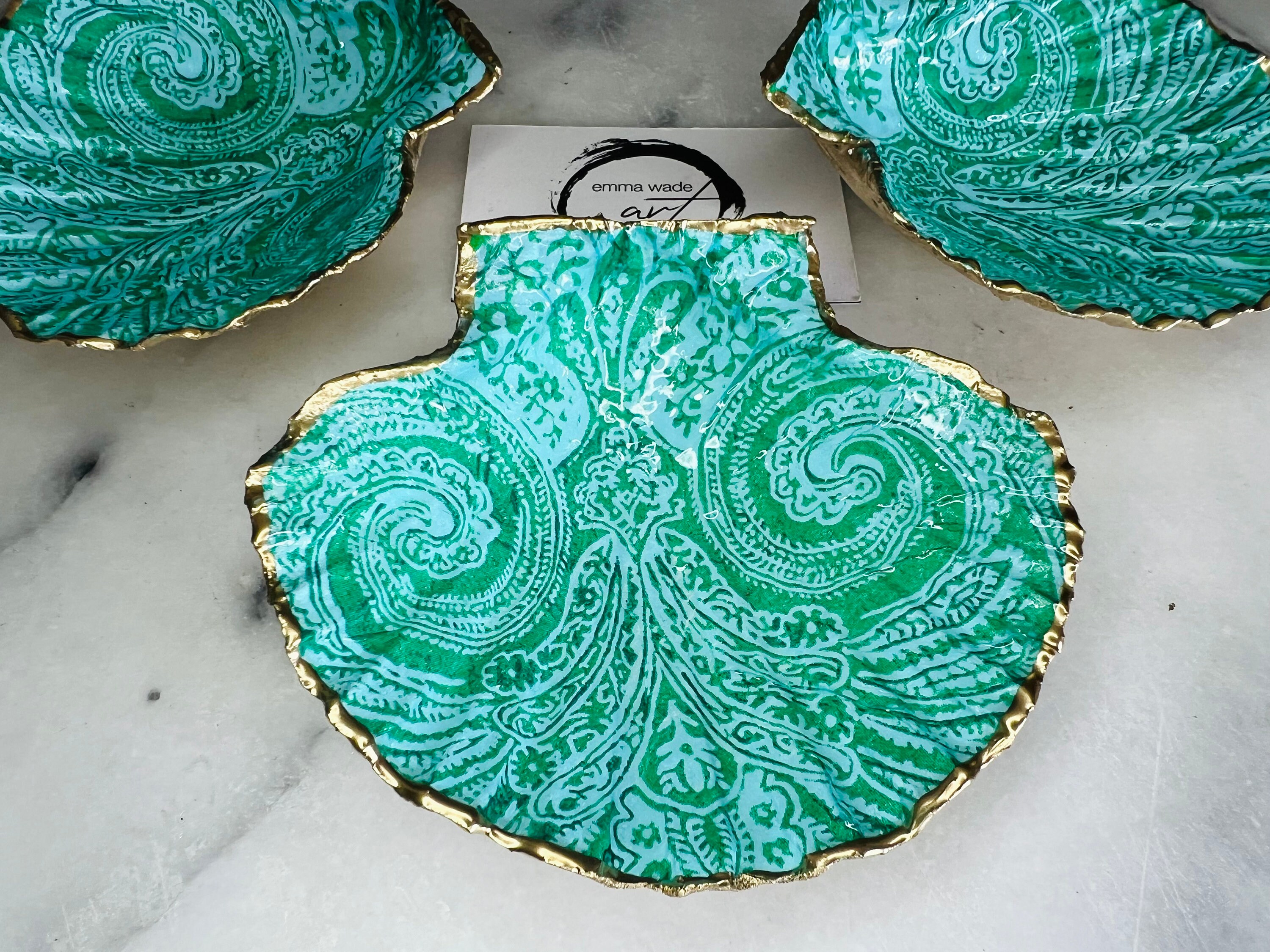 Paisley Pattern Shell Hand-gilded Paisley Scallop Shell Trinket Dish | Aqua & Green Gold Leaf ...