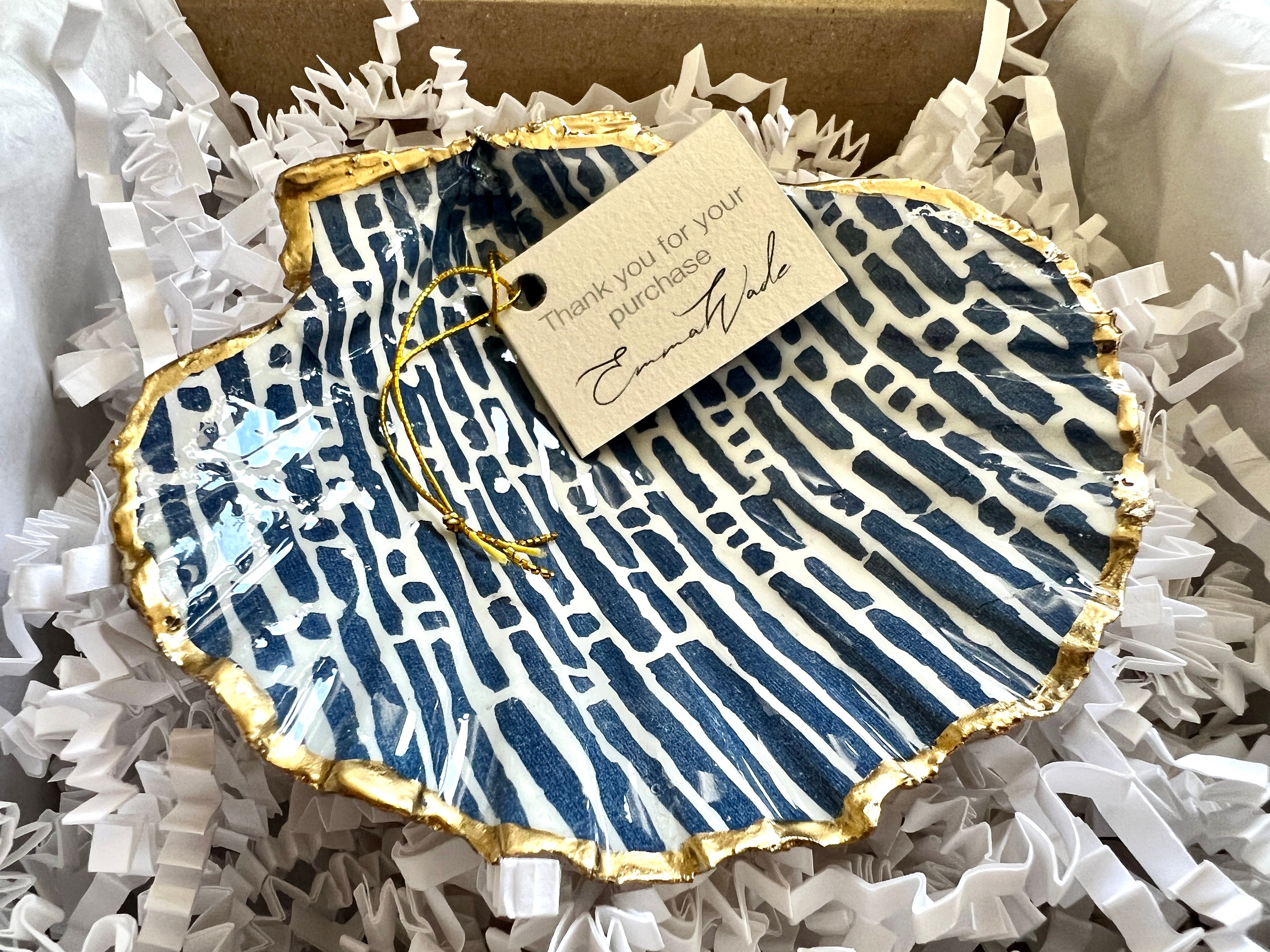 RARE unique blue lines design. Scallop Jewelry Dish. Dorset Scallop Trinket Dish. Gilded with liquid gold leaf sealed with gloss Resin.
