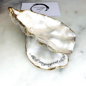Gold Leaf Oyster Shell Dish Set | Personalisation available | Dorset Pearl Jewellery Dish | Cupped Oyster on Flat Shell Base | Handmade Gift