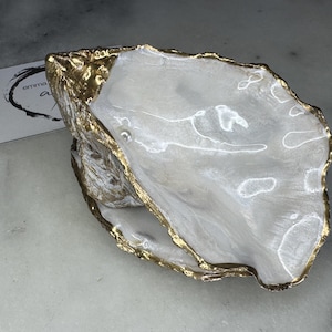 Gilded Gold Leaf or Pearl Finish, Oyster Shell Ring Box with inset Swarovski Pearl: Coastal Proposal Keepsake