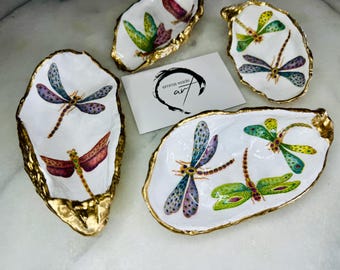 Handmade Dragonfly Oyster Shell Trinket Dish, Gold Leaf Jewellery Holder, Coastal Ring Dish, Nature Inspired Gift